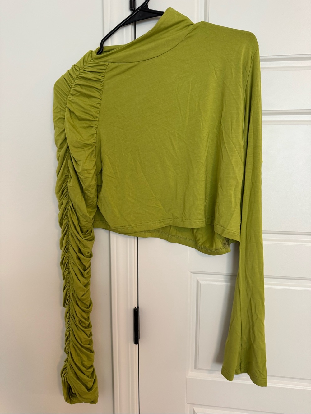 Hanifa Olive Green One-Shoulder Ruched Sleeve Top